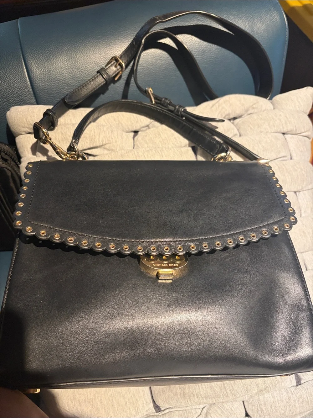 Michael Kors Black Leather Scalloped Stud Satchel with Gold Hardware