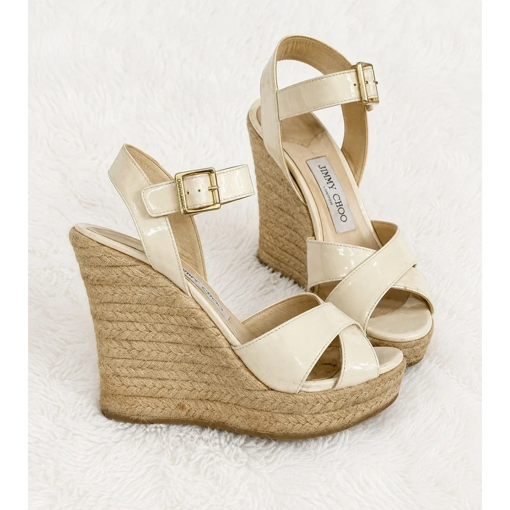 Jimmy Choo Phoenix Wedge Sandals Womens 36 Cream Patent Platform Discontinued