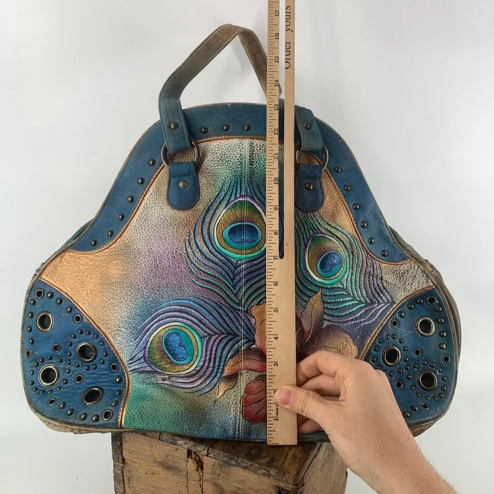 Anuschka Hand Painted Leather Peacock Satchel Bag Blue Bronze Floral Studded NWT