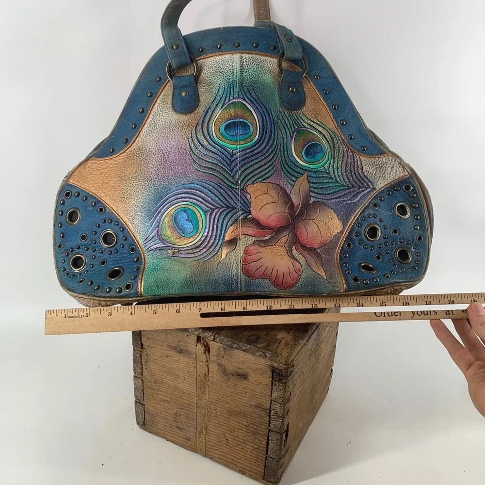 Anuschka Hand Painted Leather Peacock Satchel Bag Blue Bronze Floral Studded NWT