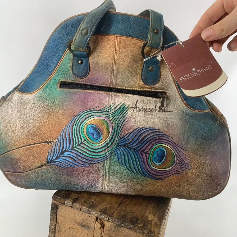 Anuschka Hand Painted Leather Peacock Satchel Bag Blue Bronze Floral Studded NWT