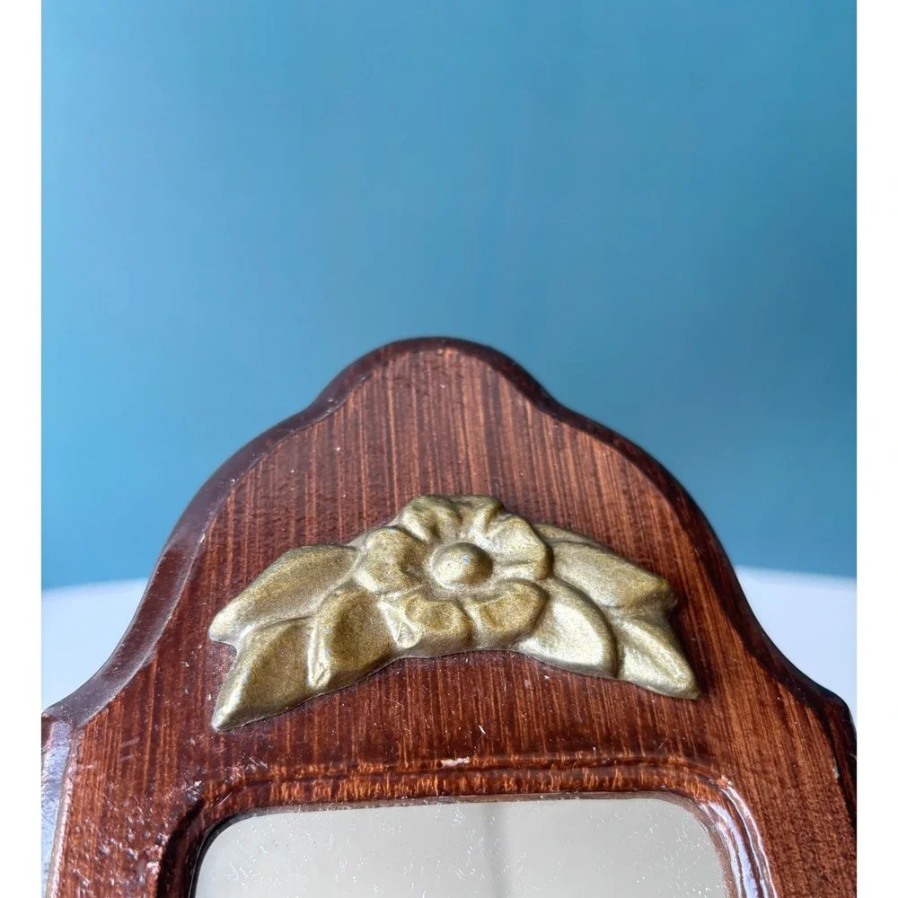 Vintage Metal Faux Wood Brass Mirror Wall Sconce Pair Floral Candle Holder Set