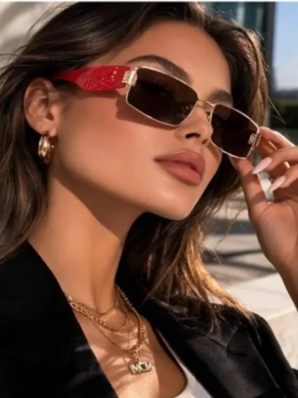 MCM Red and Gold Shield Sunglasses with crossbody case