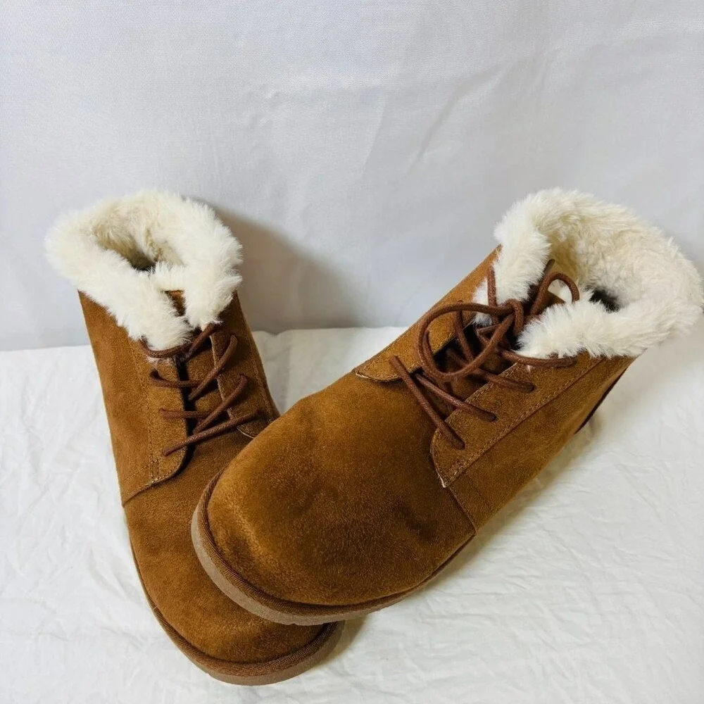 Makalu Ankle‎ Boots Women Brown Faux Fur Trim Lace Up Suede Winter Booties