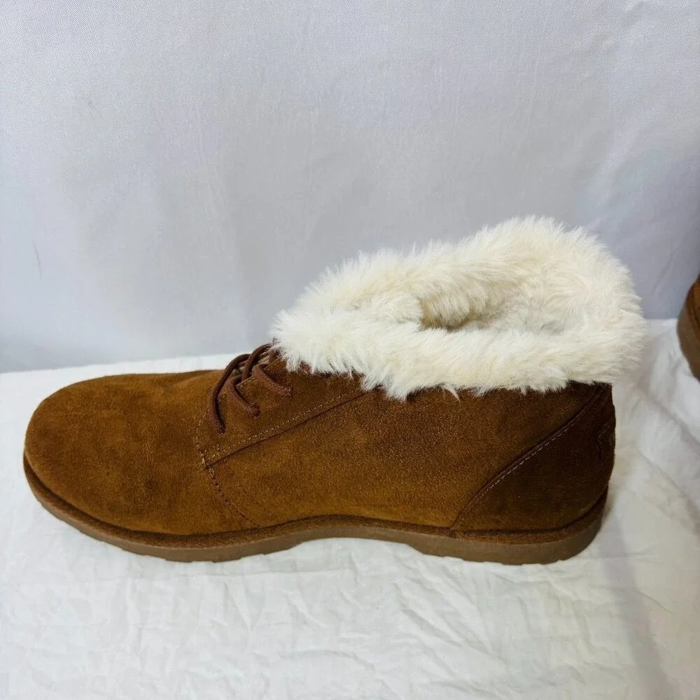 Makalu Ankle‎ Boots Women Brown Faux Fur Trim Lace Up Suede Winter Booties
