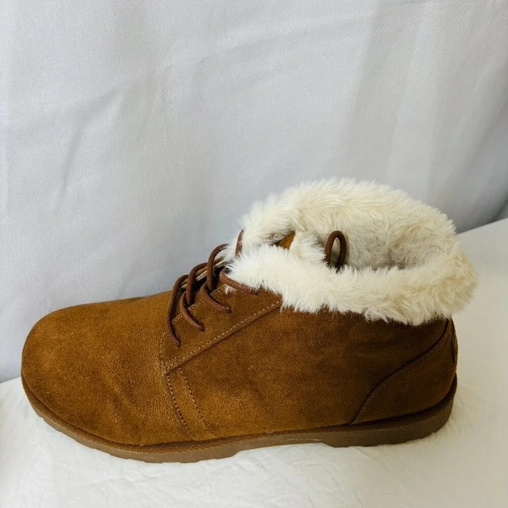 Makalu Ankle‎ Boots Women Brown Faux Fur Trim Lace Up Suede Winter Booties