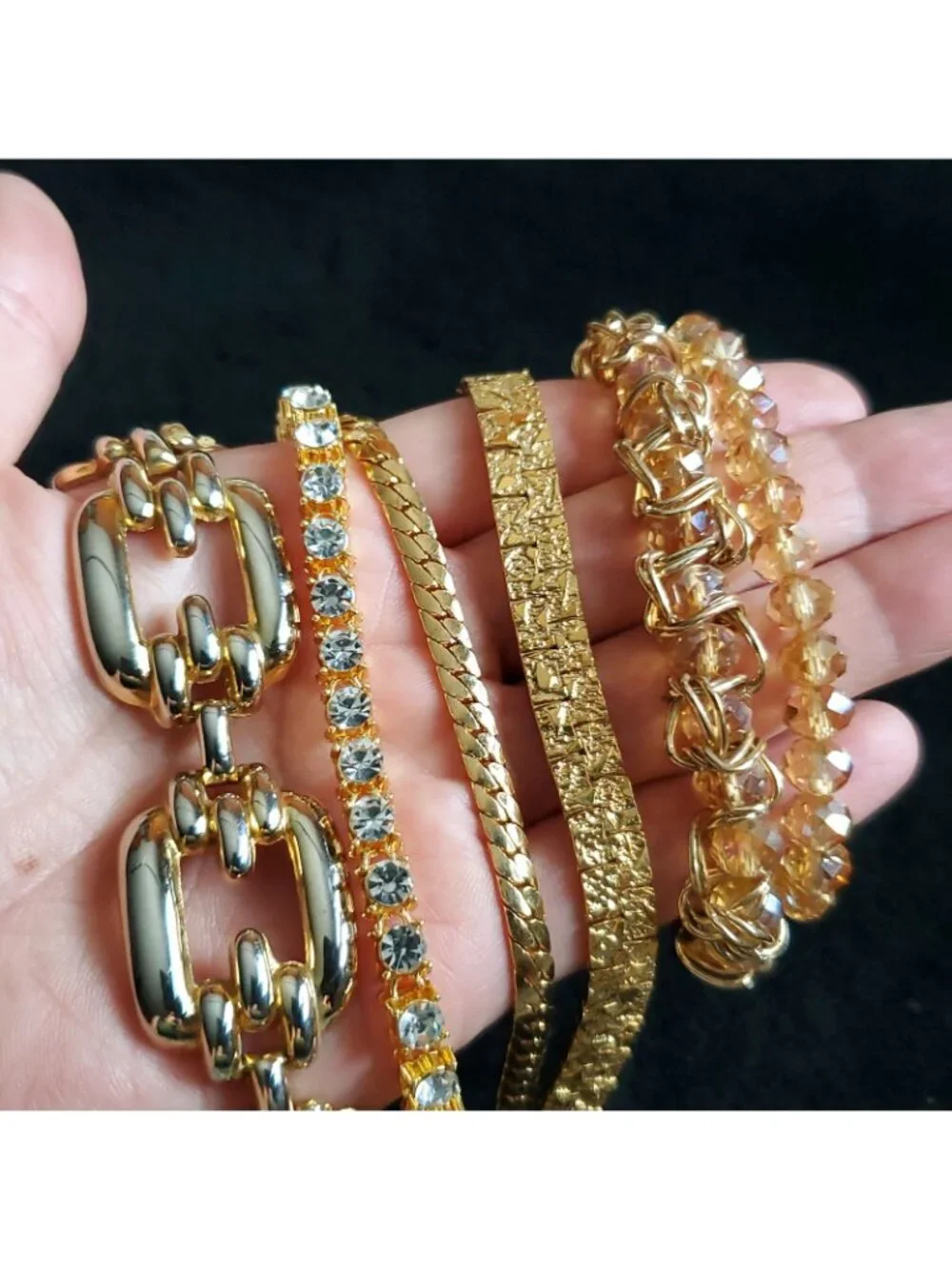 Gold Tone Bracelet Lot of 6 Chain Rhinestone Beaded 7.5-8