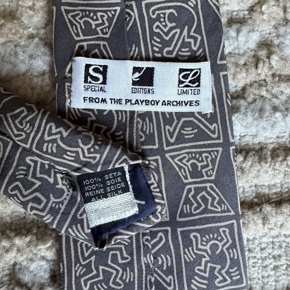 Keith Haring Playboy Archives Limited Edition 100% Silk Necktie Gray Art Tie VTG