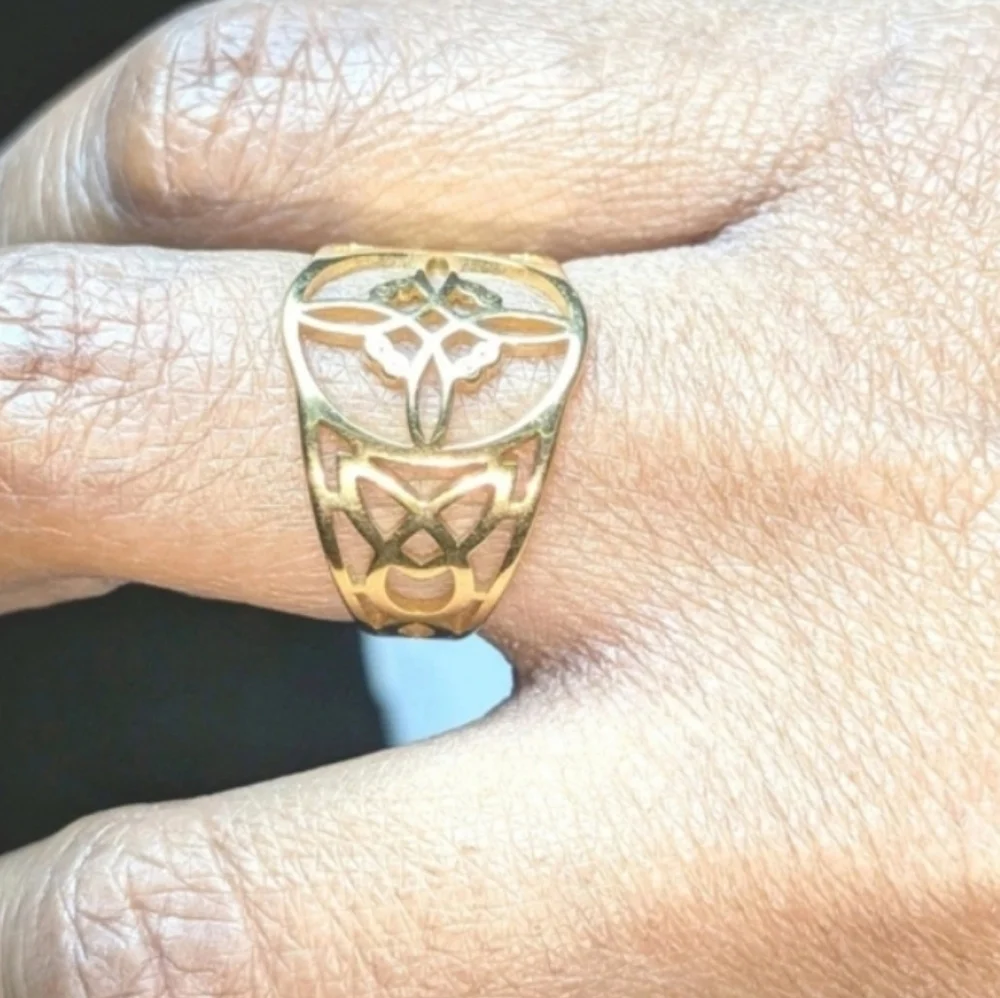Witch Knot Golden Stainless Steel Ring For Women Wiccan Cross Celtic Knot Sz 8