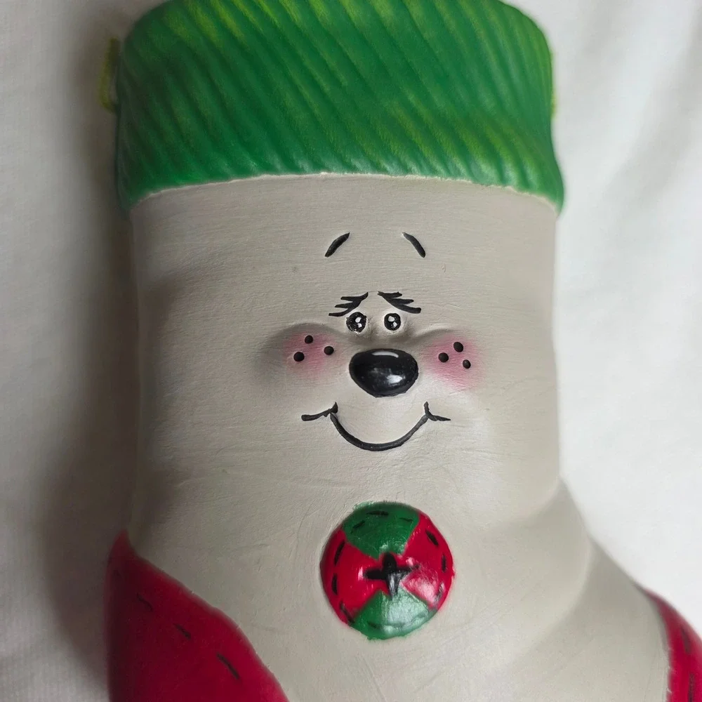 Vintage 2000 Handmade Ceramic Christmas Stocking Ornament Whimsical Grey Red
