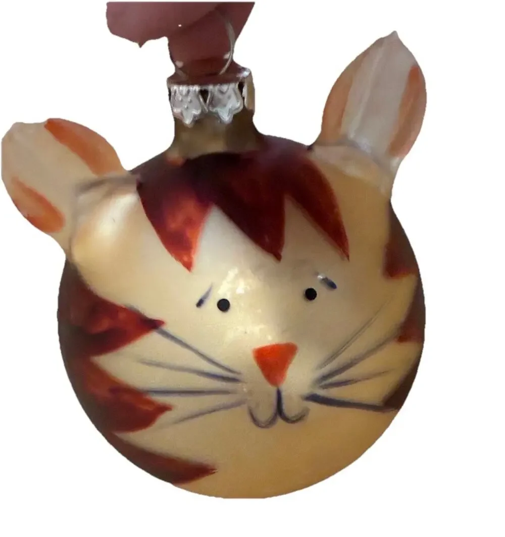 Vtg Orange Tabby Cat w/Ears Ornament Mercury glass Blown Artsy Animal Kitty Cat