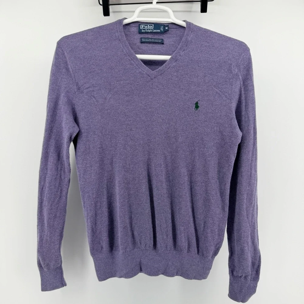 Polo Ralph Lauren V-Neck Sweater Cotton Cashmere Purple Pony M Soft Preppy