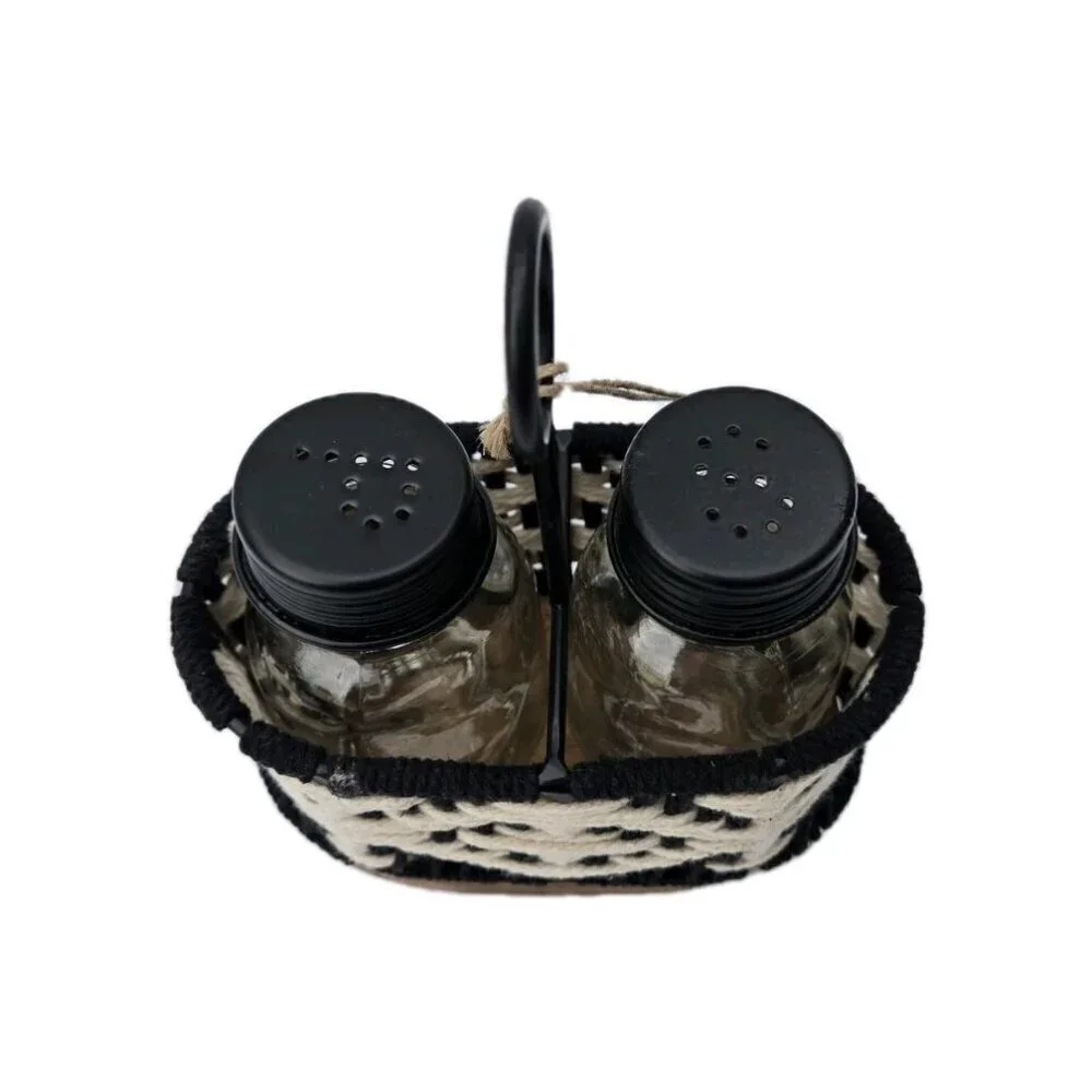 New Black & White Woven Boho Salt And Pepper Shaker & Carrier W/ Wood Bottom