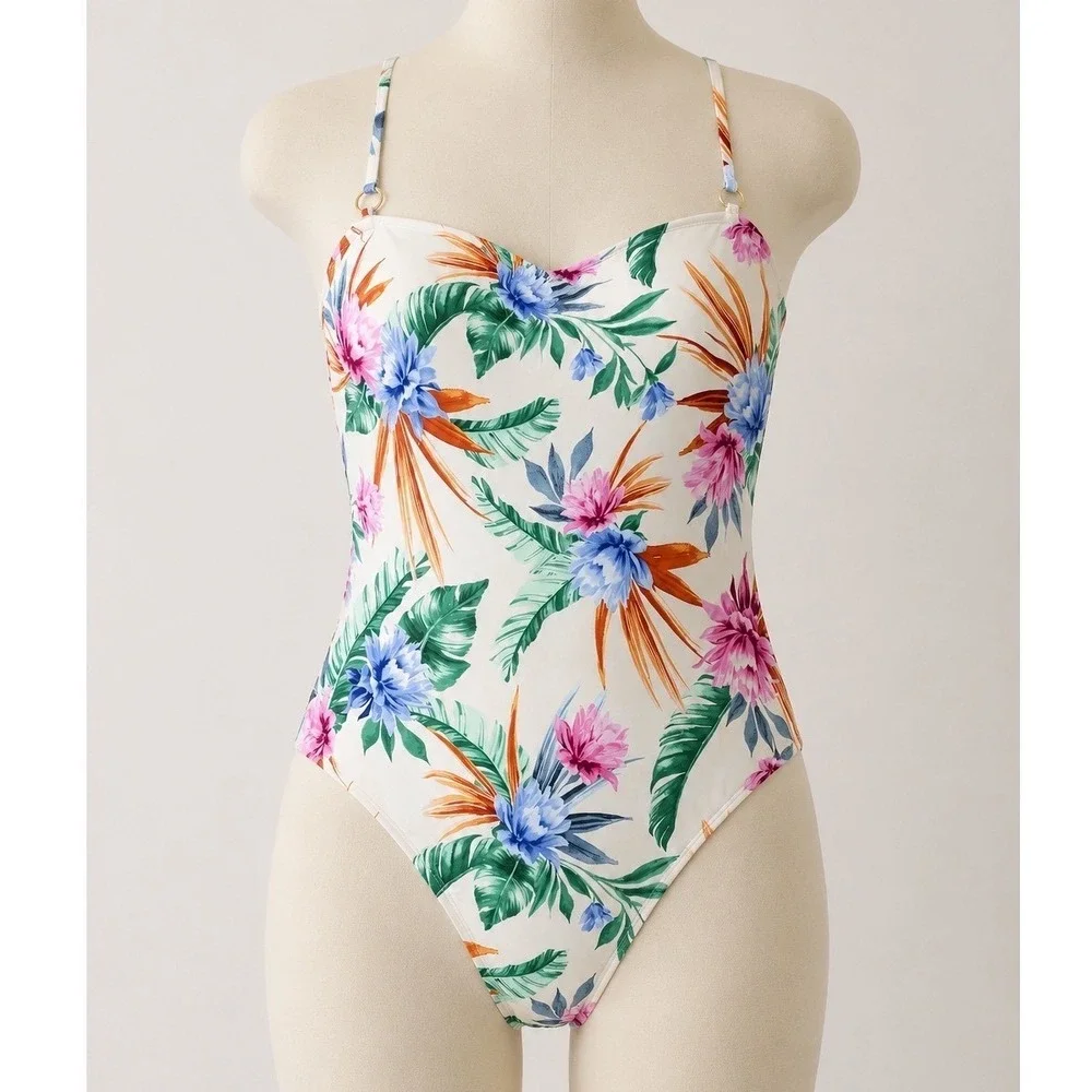 Shade & Shore Tropical Floral One Piece Swimsuit Cream‎ Pink Blue Gold Ring LG