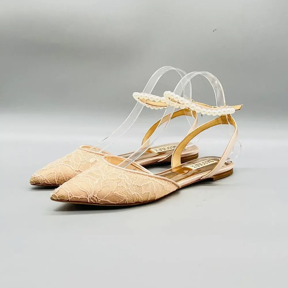 Badgley Mischka Shoes Womens 8 Pink Lace Slingback Flats Bridal Pearl Strap