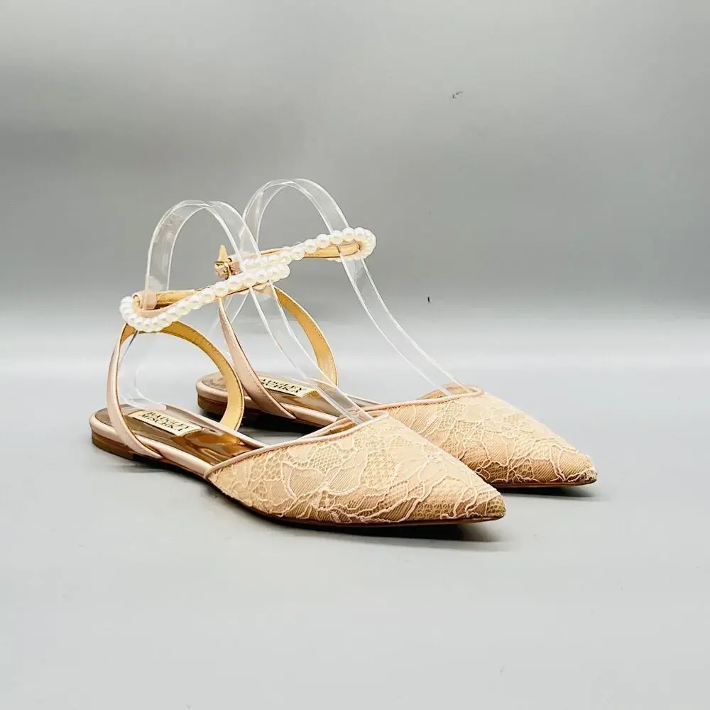 Badgley Mischka Shoes Womens 8 Pink Lace Slingback Flats Bridal Pearl Strap