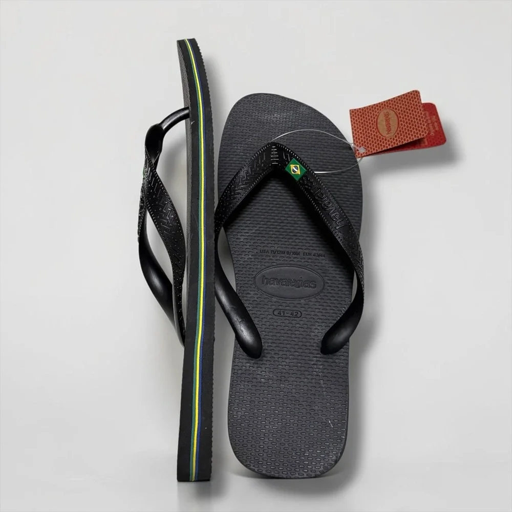 Havaianas Brazil Logo Black Flip Flops Mens 9/10 Womens 11/12 Sandals 4000032