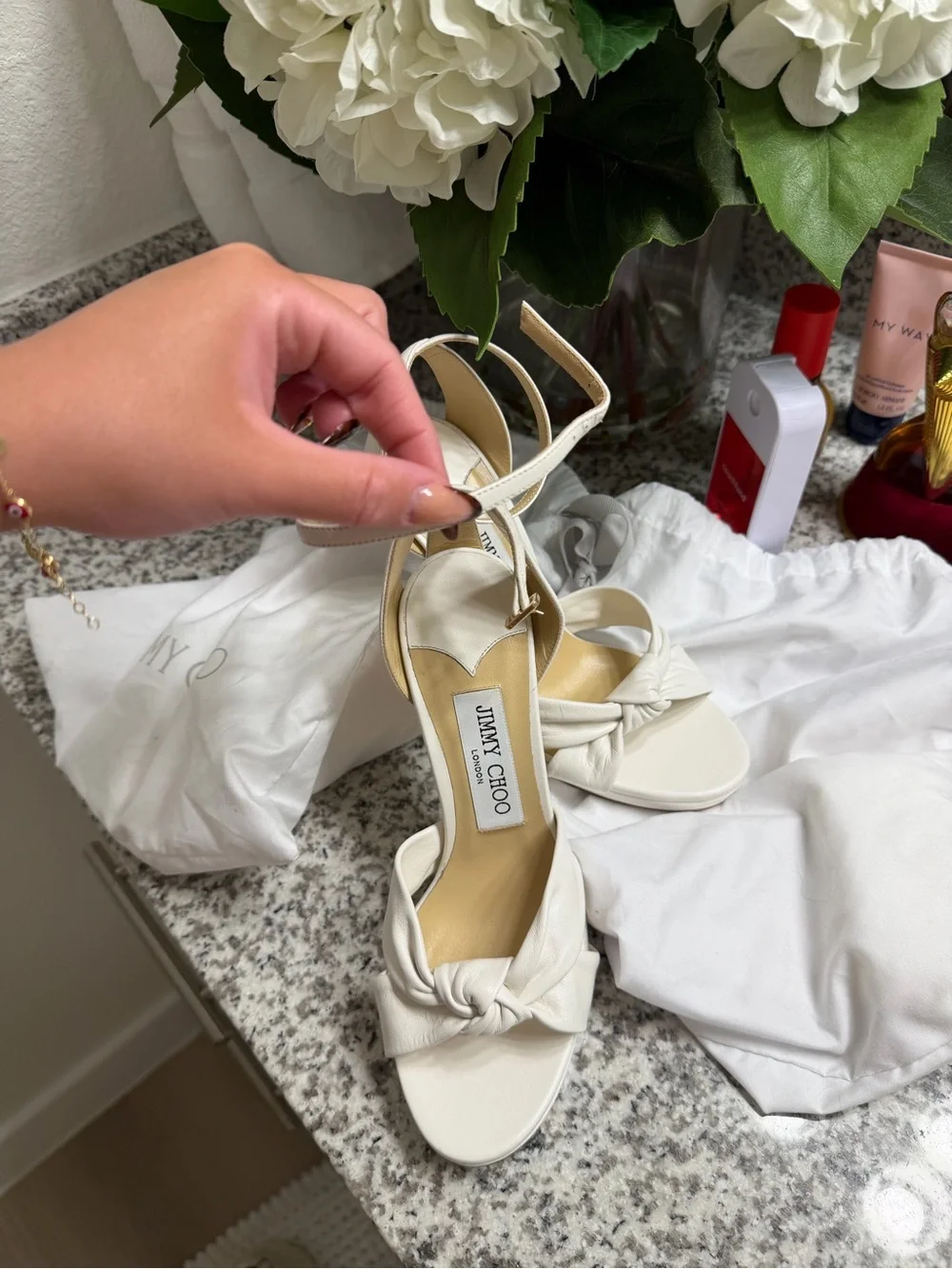 Jimmy Choo Cream Knotted Leather Ankle-Strap Heels