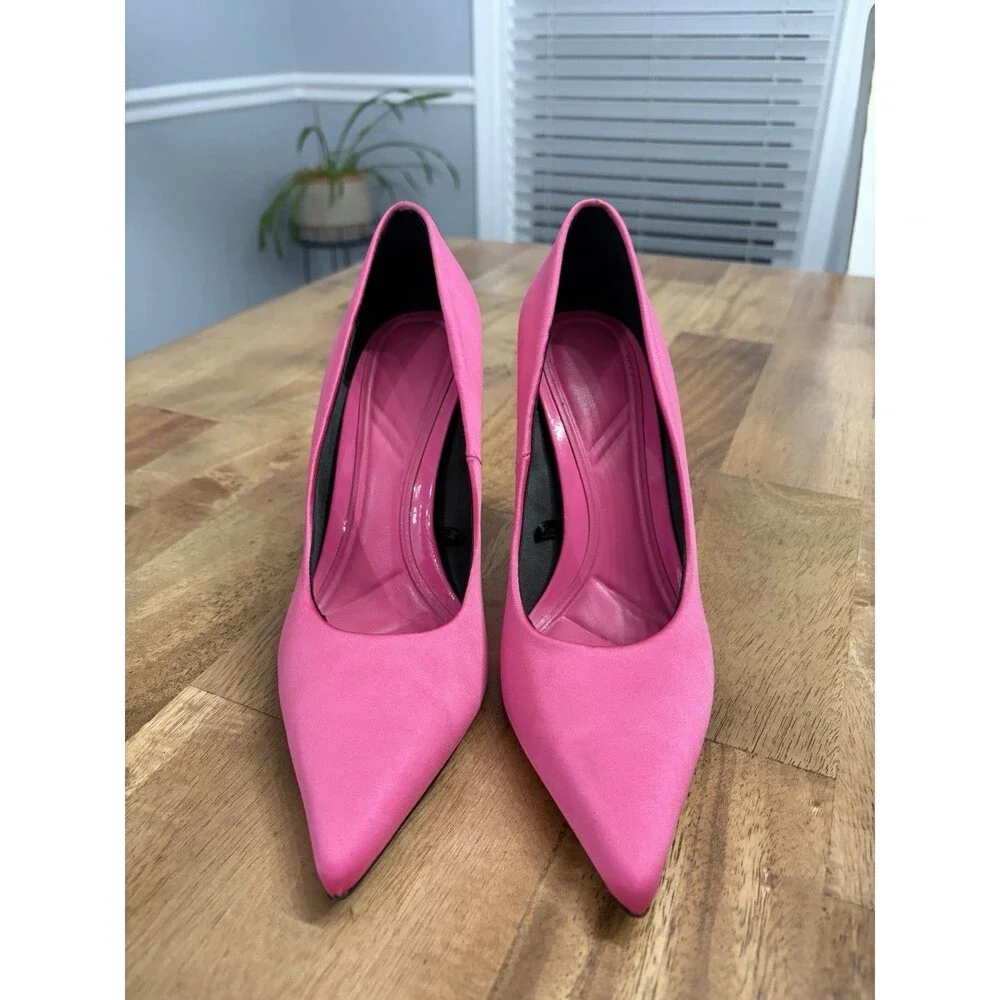 Zara Fuscia Hot  Pink Satin High Heels Pointed Toe Love Pumps Shoes Sz 37/US 6.5