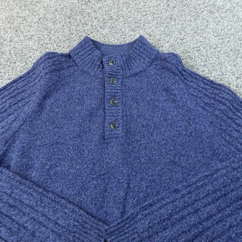 Jos A‎ Bank Sweater Mens L Blue Wool Cable Knit Henley Button Mock Neck Pullover