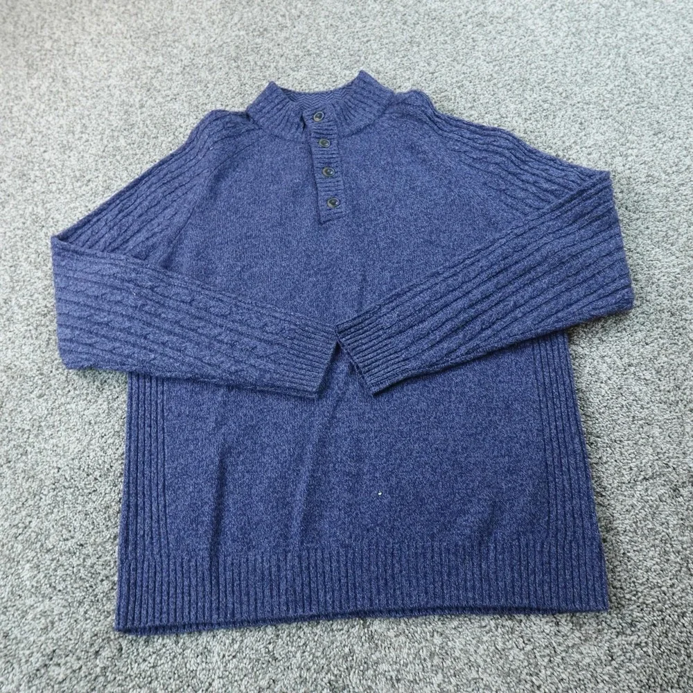 Jos A‎ Bank Sweater Mens L Blue Wool Cable Knit Henley Button Mock Neck Pullover