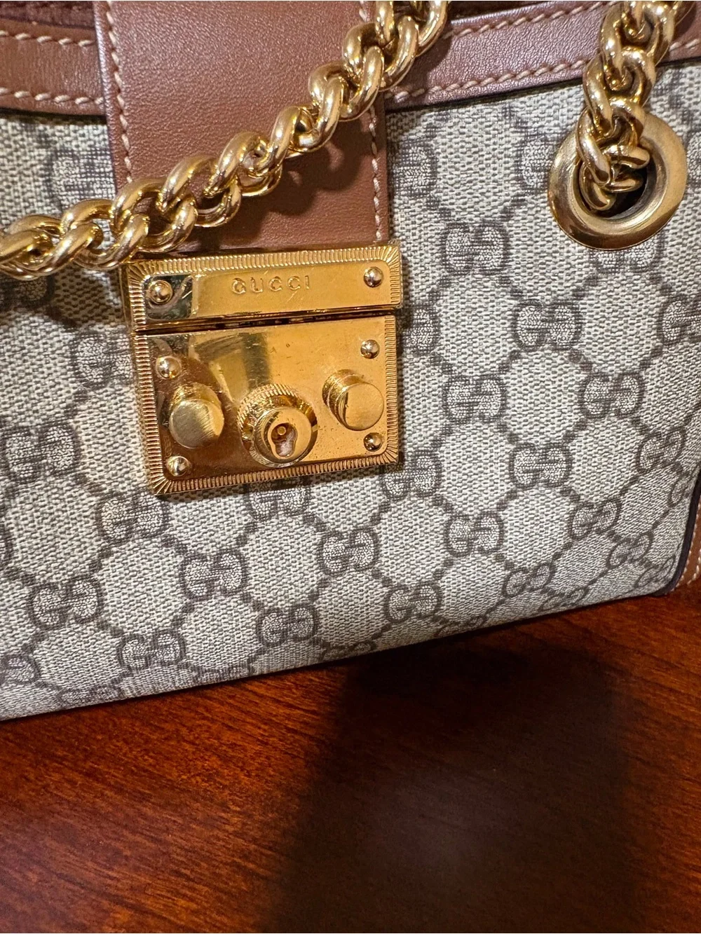 Gucci Brown GG Supreme Leather-Trim Shoulder Bag with Gold Hardware