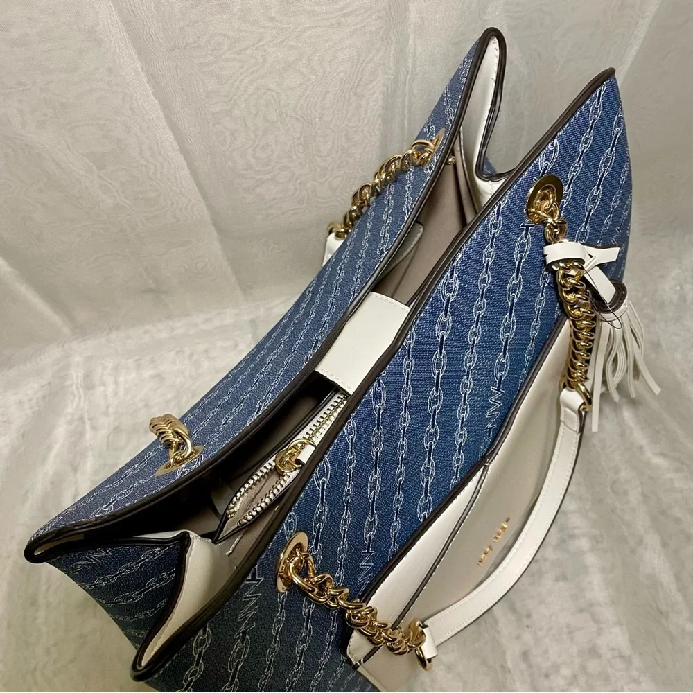 Nine West Navy Chain Link Design with Cream/White Accent Tote, NWOT