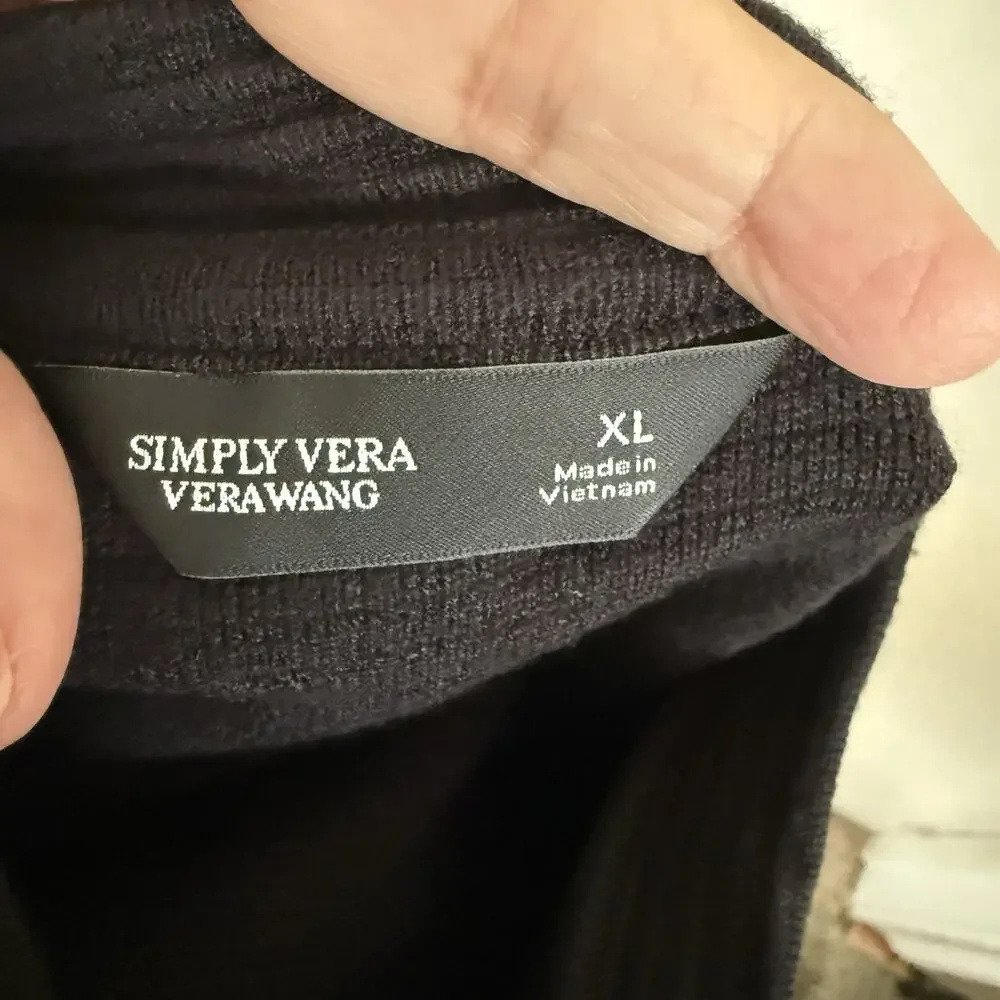 Simply Vera Pullover Stretchy Ribbed Sweater 3/4 Sleeve Black Warm Cozy Cabin XL