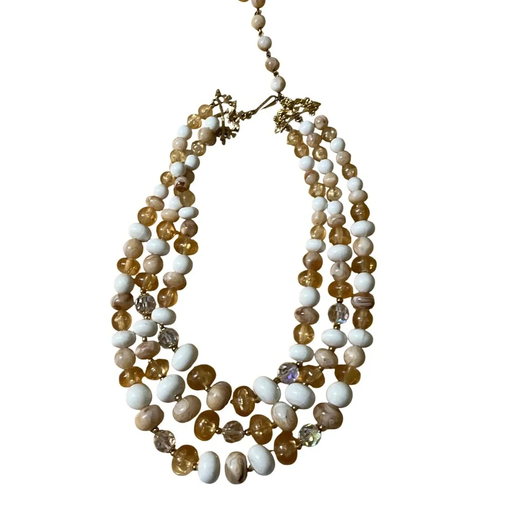 Chunky Multi Strand Beaded Necklace Gold Tone Rhinestone‎ Accent Statement Event