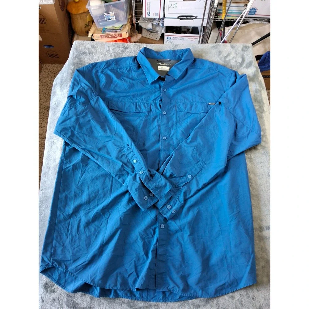 Columbia Mens Omni-Shade Blue Long Sleeve Fishing Hiking Shirt 2XT Tall‎
