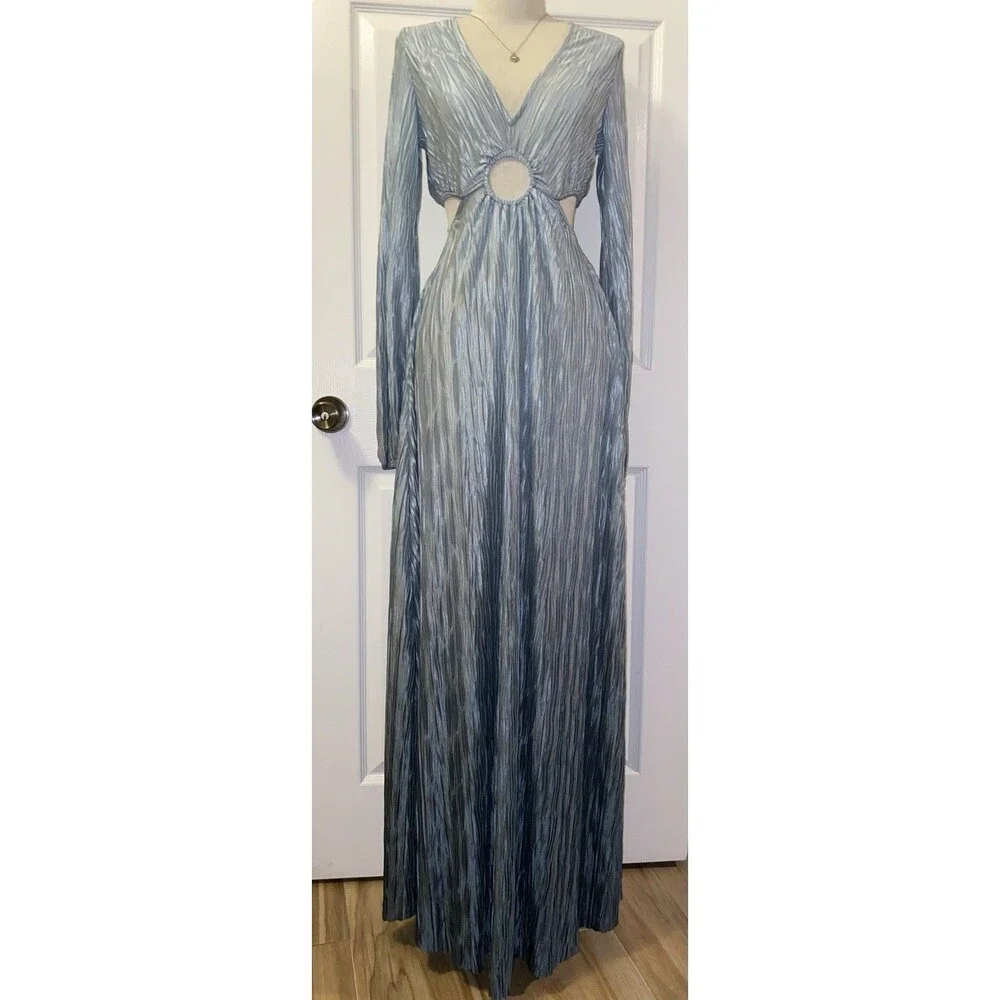 FOREVER 21 BlueMetallic Pleated Ring Cutout V-Neck Maxi Dress XL