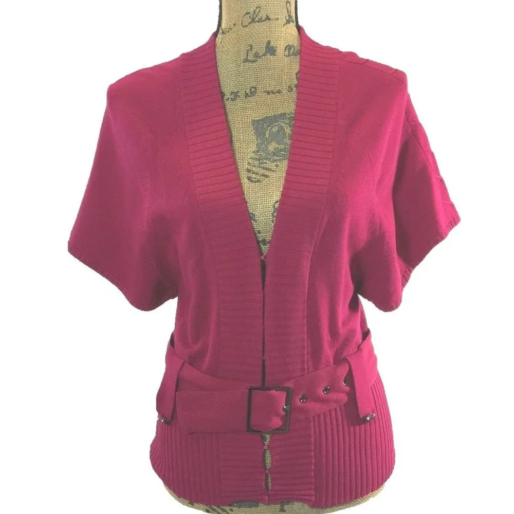 Etcetera Sm S Cardigan Top Dark Pink Belt Silver Buckle Short Dolman Sl‎ Stretch