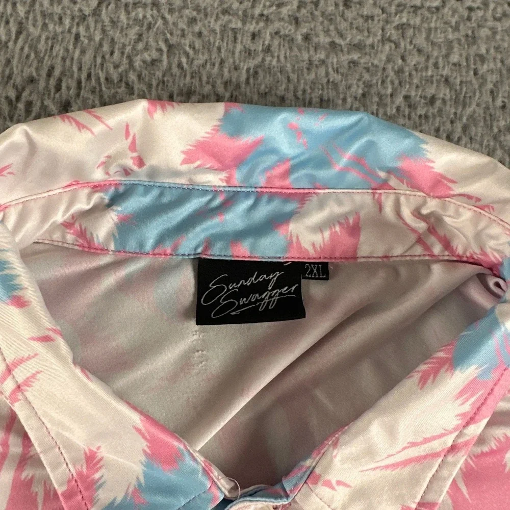 Sunday Swagger Polo Shirt Mens 2XL Pink Palm Print Short Sleeve Performance Golf