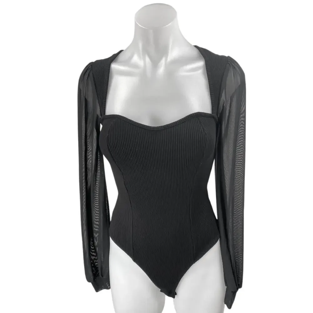 Lulus Black Long Sleeve Mesh Ribbed Knit Sweetheart Blouse Bodycon Top Size S