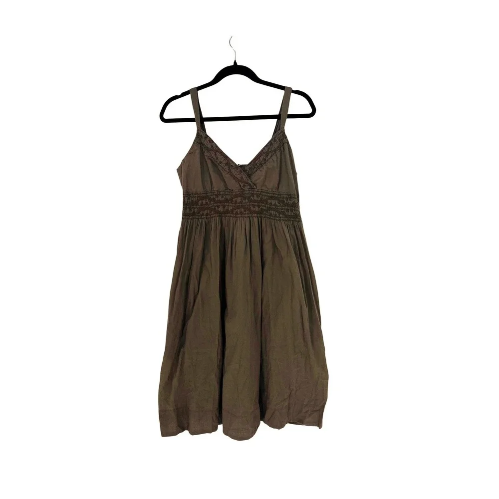 Vince Brown Embroidered Empire‎ Waist Midi Dress with Pockets Size 6