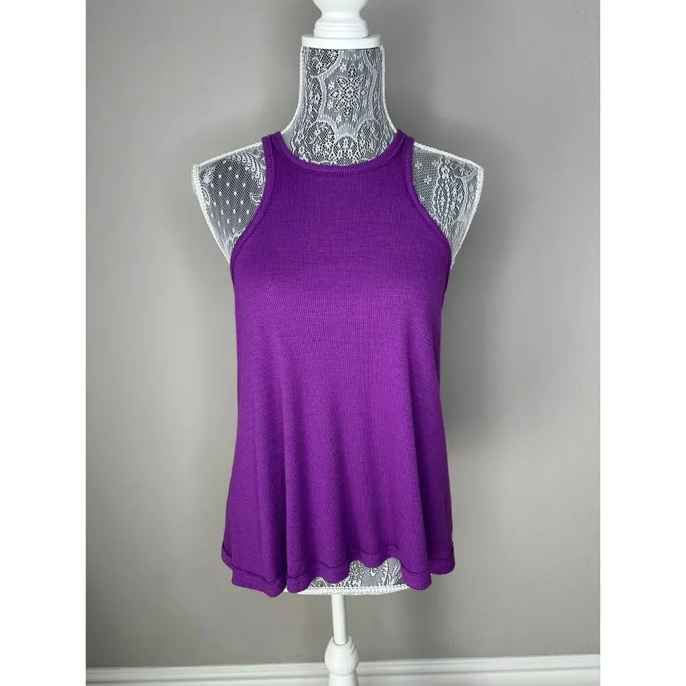 FREE PEOPLE Ribbed Flowy High Neck Racerback Tunic Tank Top Shirt Purple XS