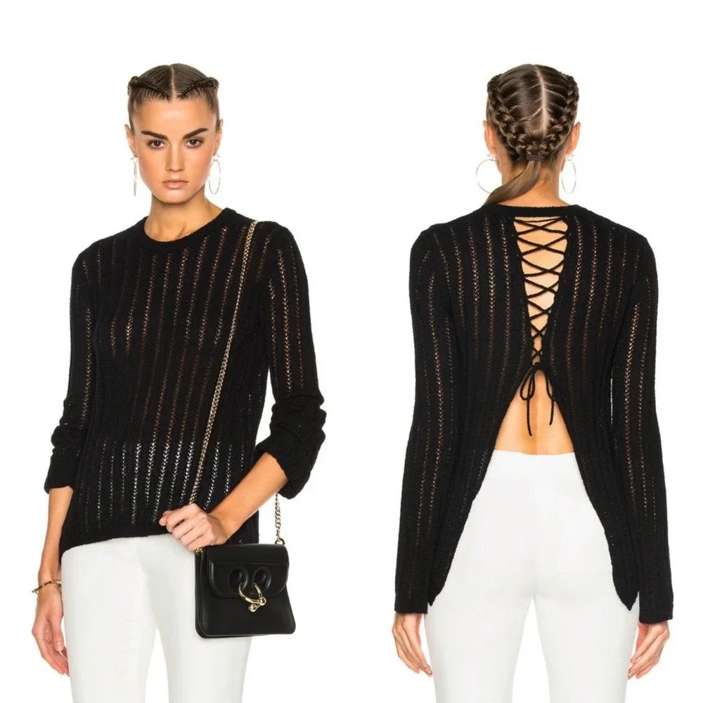 A.L.C. Miguel Sweater Lace Up Back Pointelle Knit Black size Small