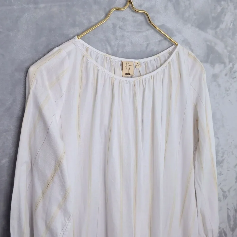 UNIQLO x Hana Tajima White Gathered Striped Tunic Top Size S Gauzy Mori Kei