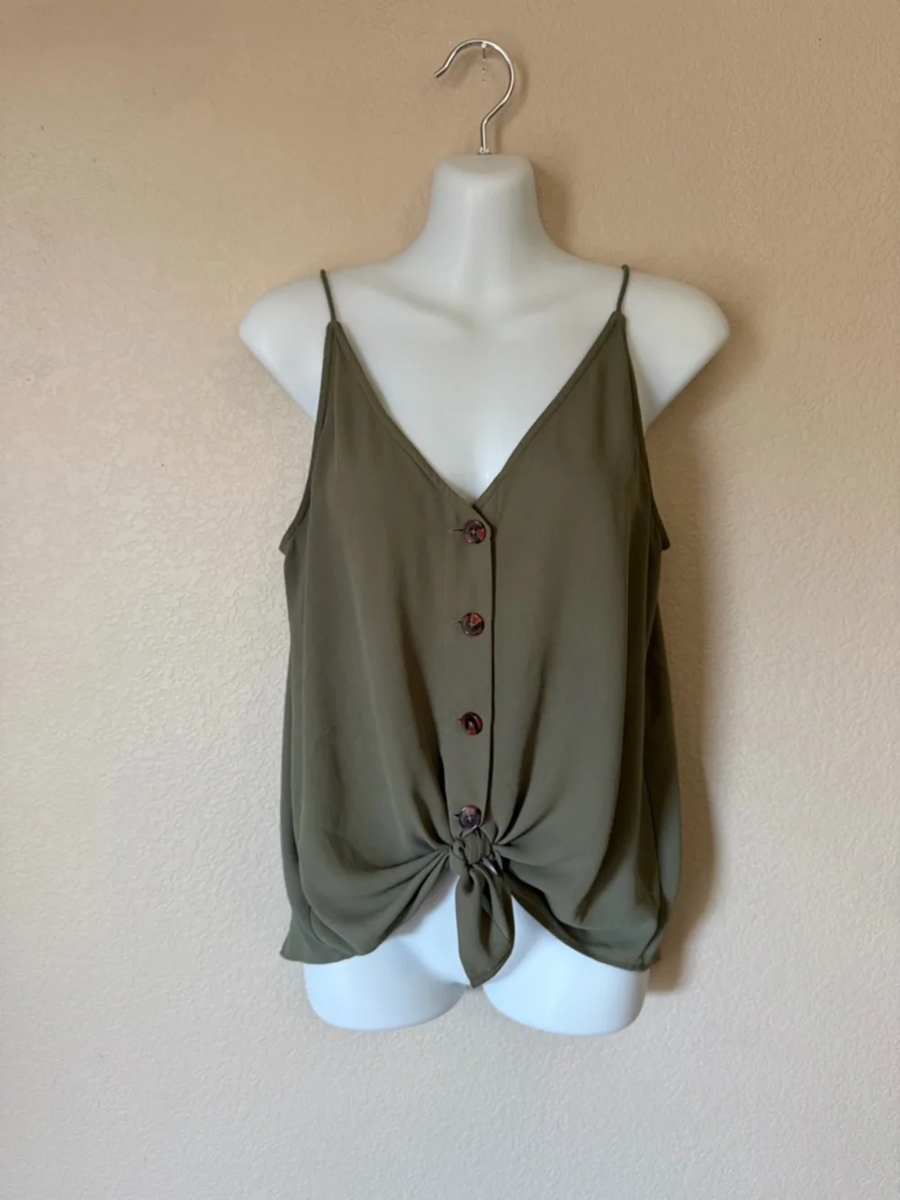 LOFT Tank Top Womens S Green‎ Button Front Tie Waist Cami Blouse