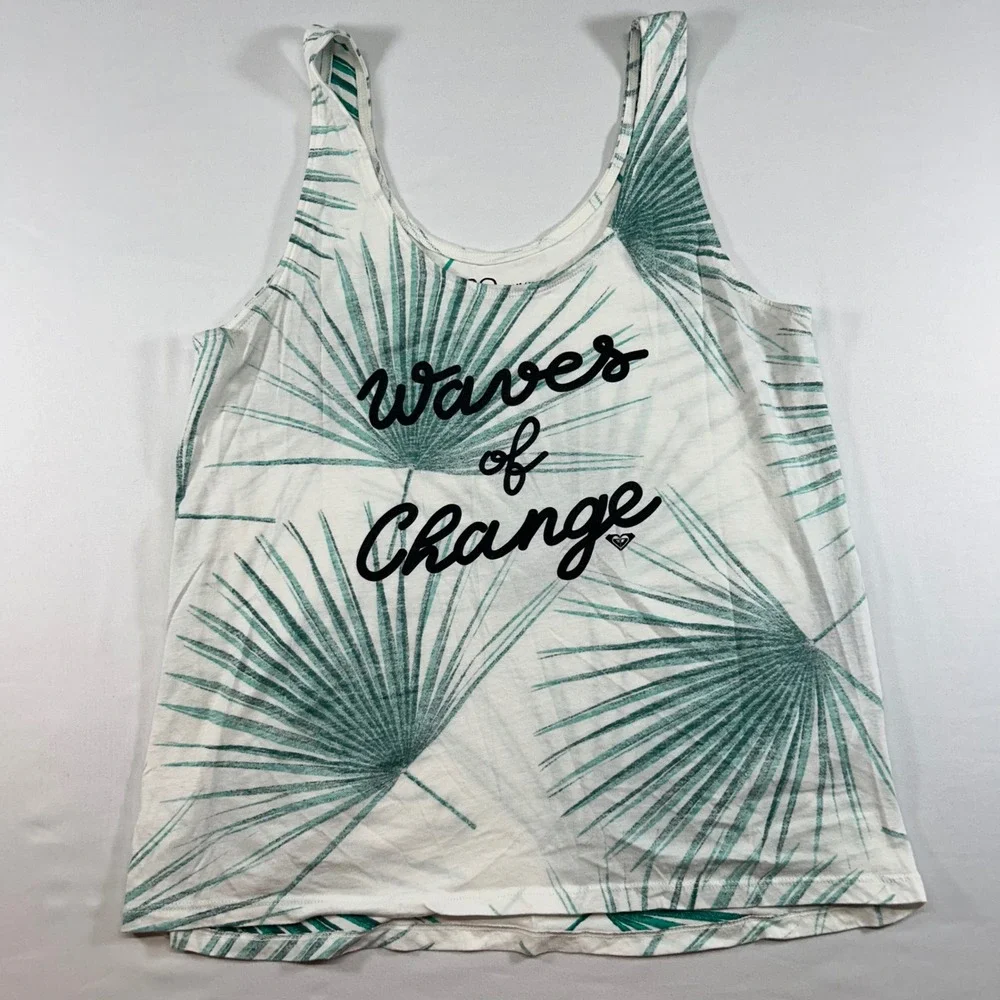 Roxy‎ Womens Medium White Green Palm Leaf Graphic Tank Top Waves of Change
