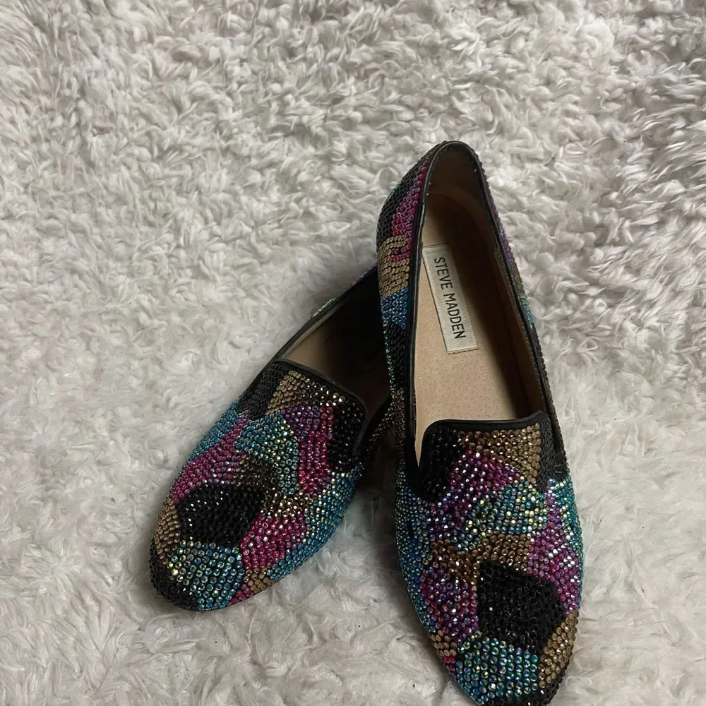 Steve Madden synthetic Multi color Rhinestones loafers leather soles SZ7