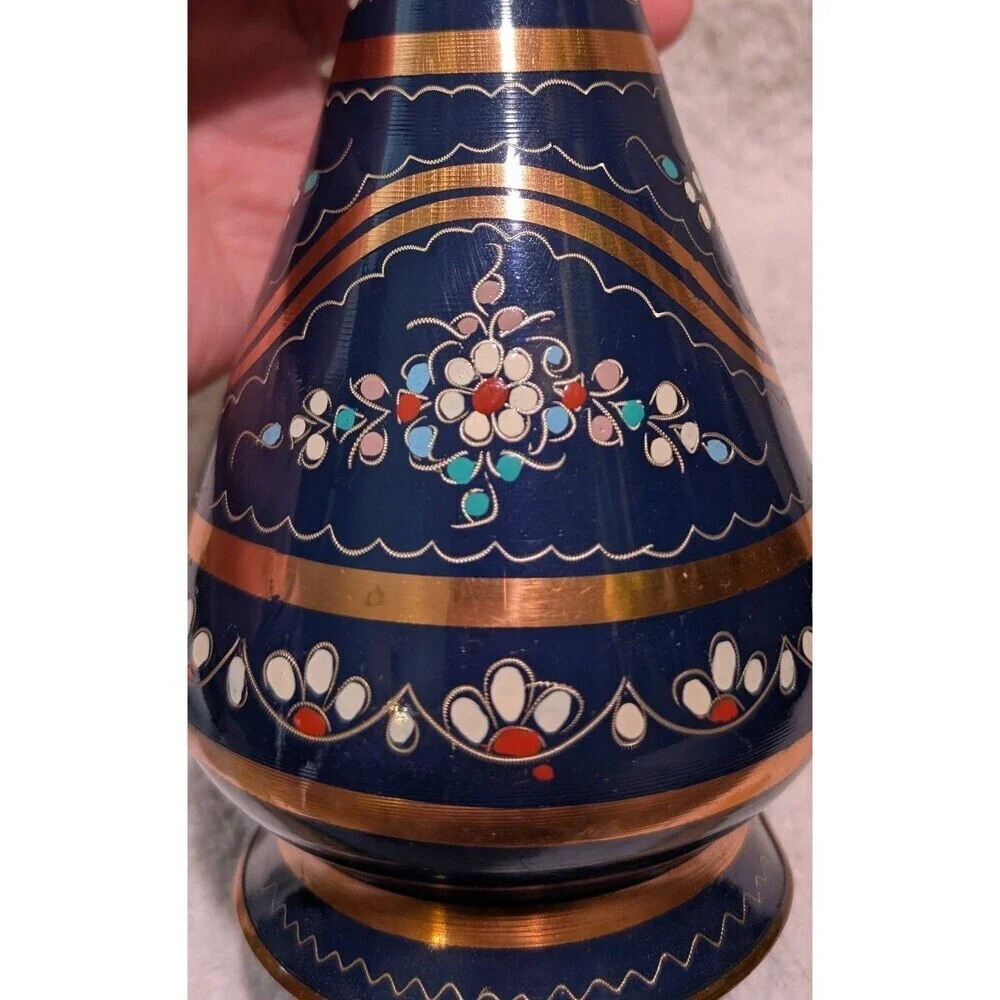 Vintage Turkish Hand Painted Brass Vase 10