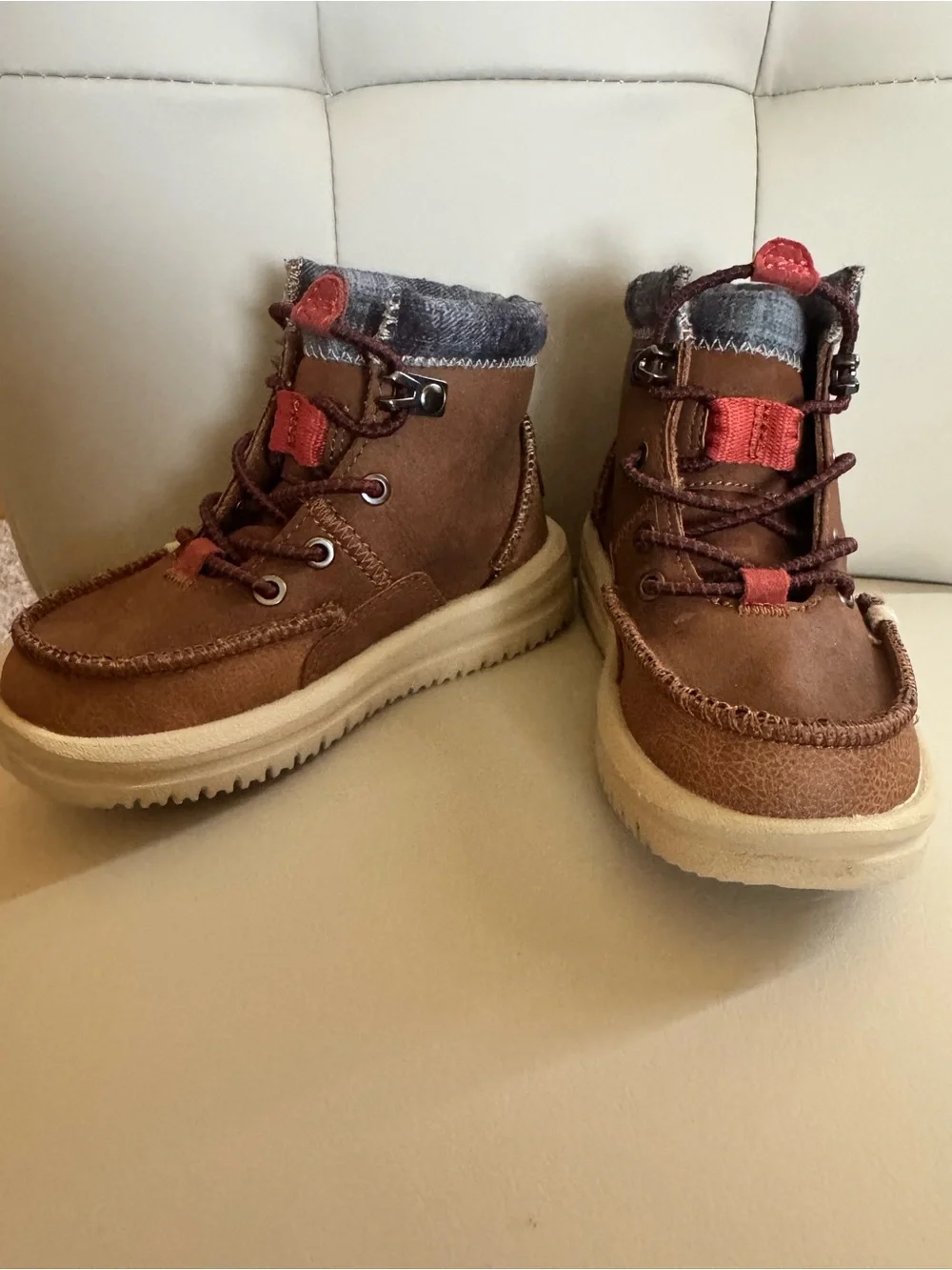 Hey Dude Brown Kids Ankle Boots with Red Accents