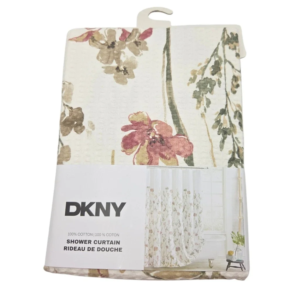 DKNY Chelsea Floral Shower Curtain Ivory Multi 72x72 Cotton Waffle Weave