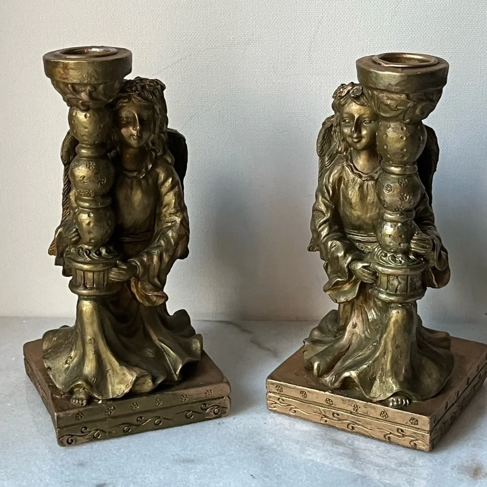 Classics Pair Vintage Angels Carved Candlestick Holders