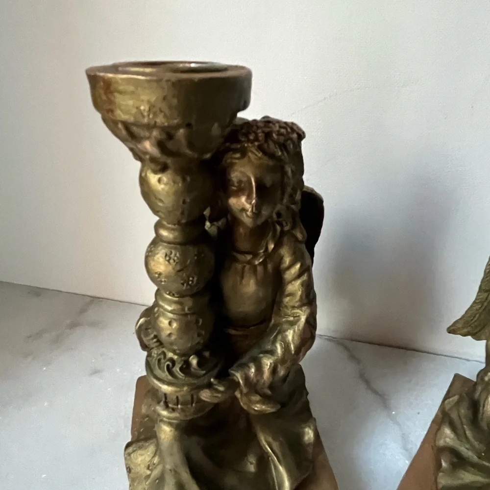Classics Pair Vintage Angels Carved Candlestick Holders