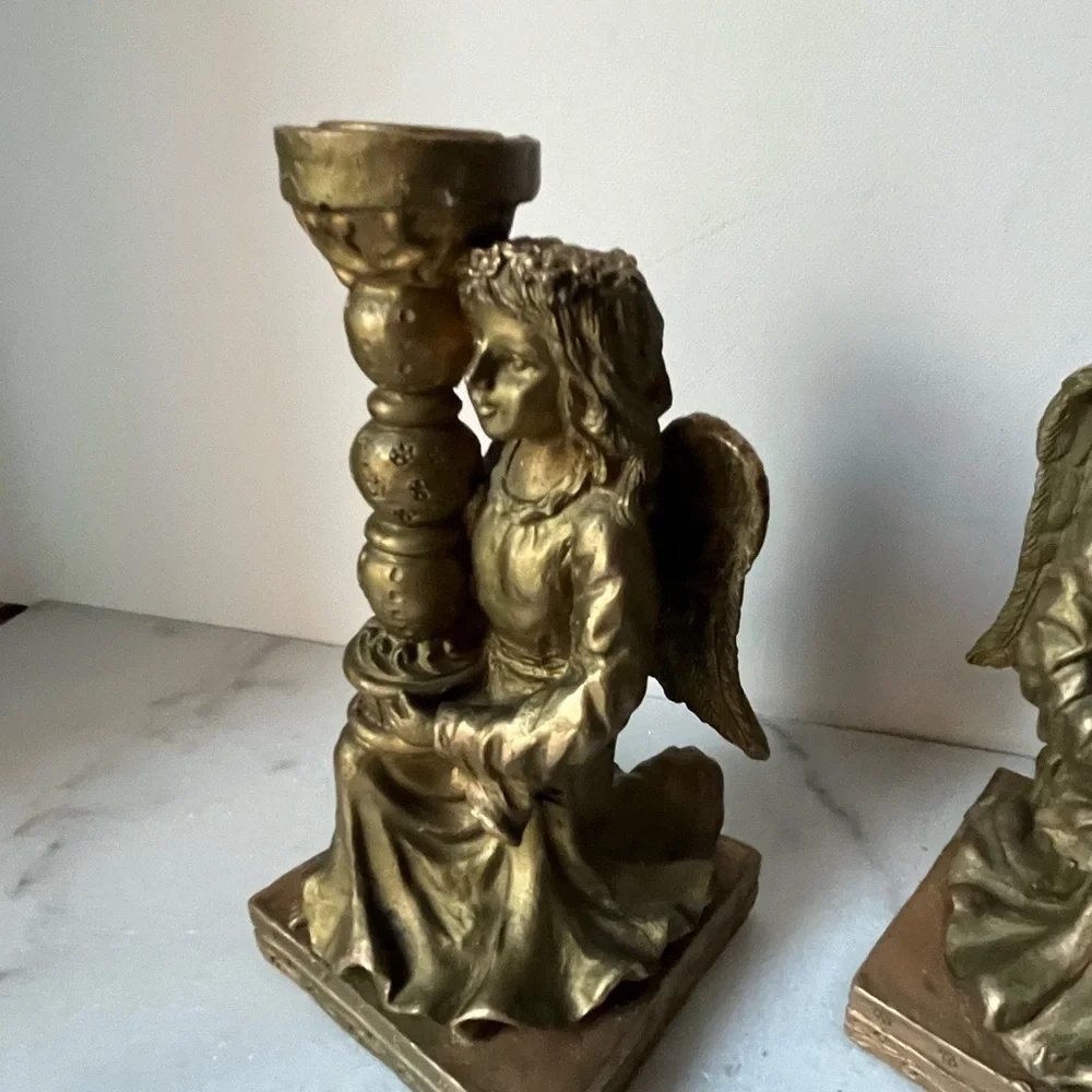 Classics Pair Vintage Angels Carved Candlestick Holders