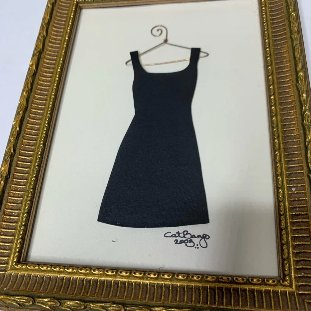 Gold Frame Little Black Dress Hanger Paper Art Collage Mini Frame Signed 8 1/2”