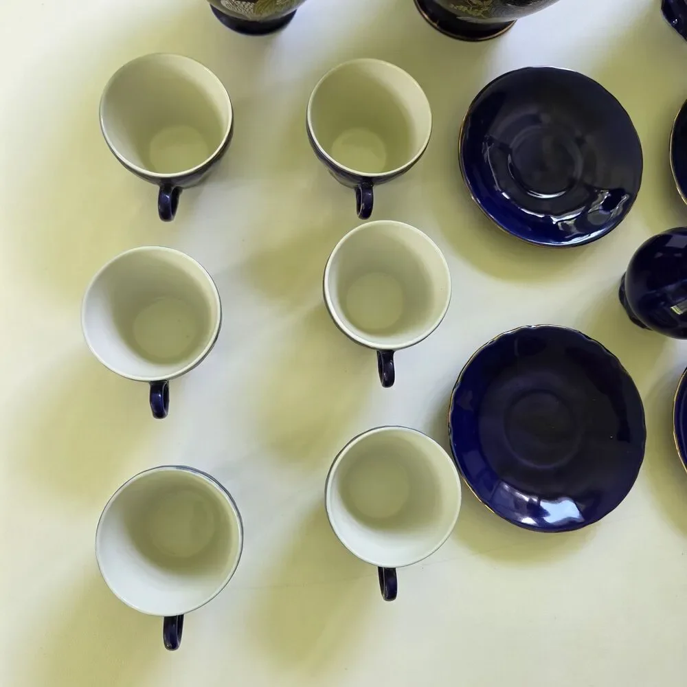 Vintage Hand Spray KT in Glaze Cobalt Blue Japanese 17 Pc. Tea Set 1960’s