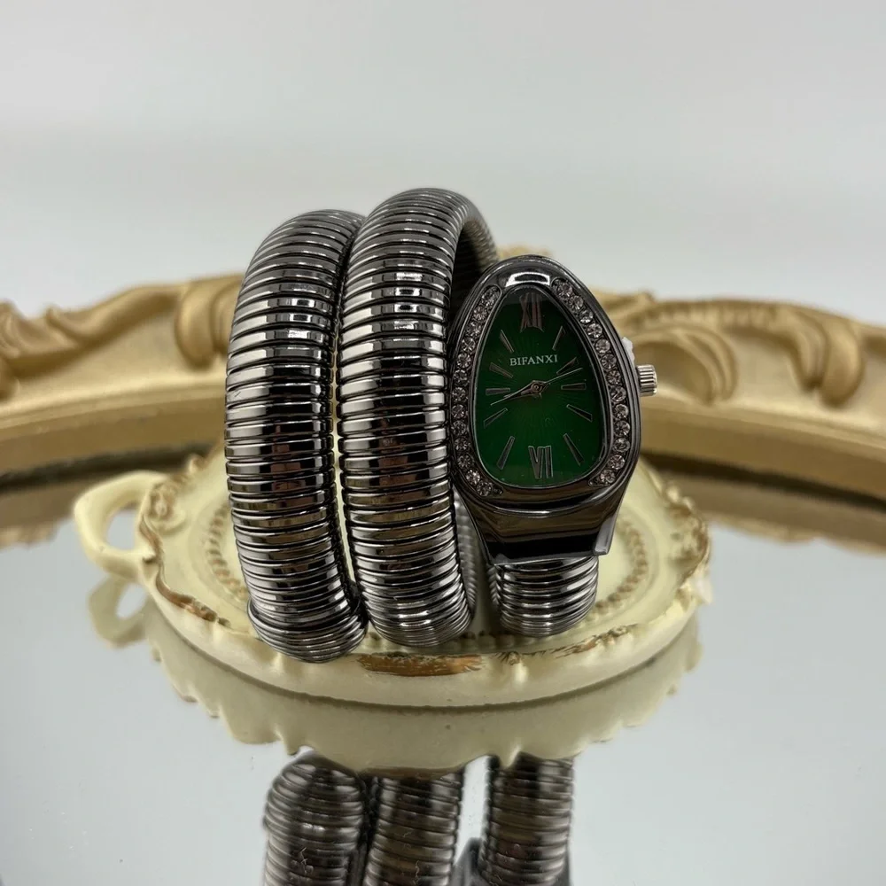 Serpenti Style Wrap Watch – Black & Silver Tone | Green Dial